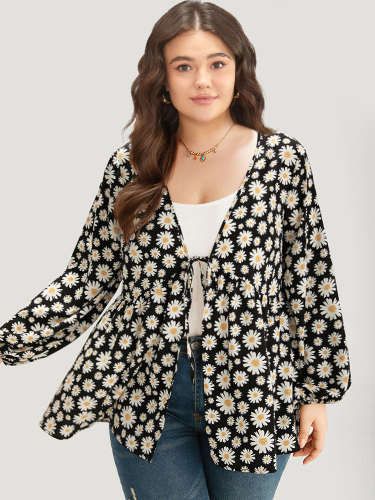 Daisy Floral Ties Front Elastic Cuffs Kimono