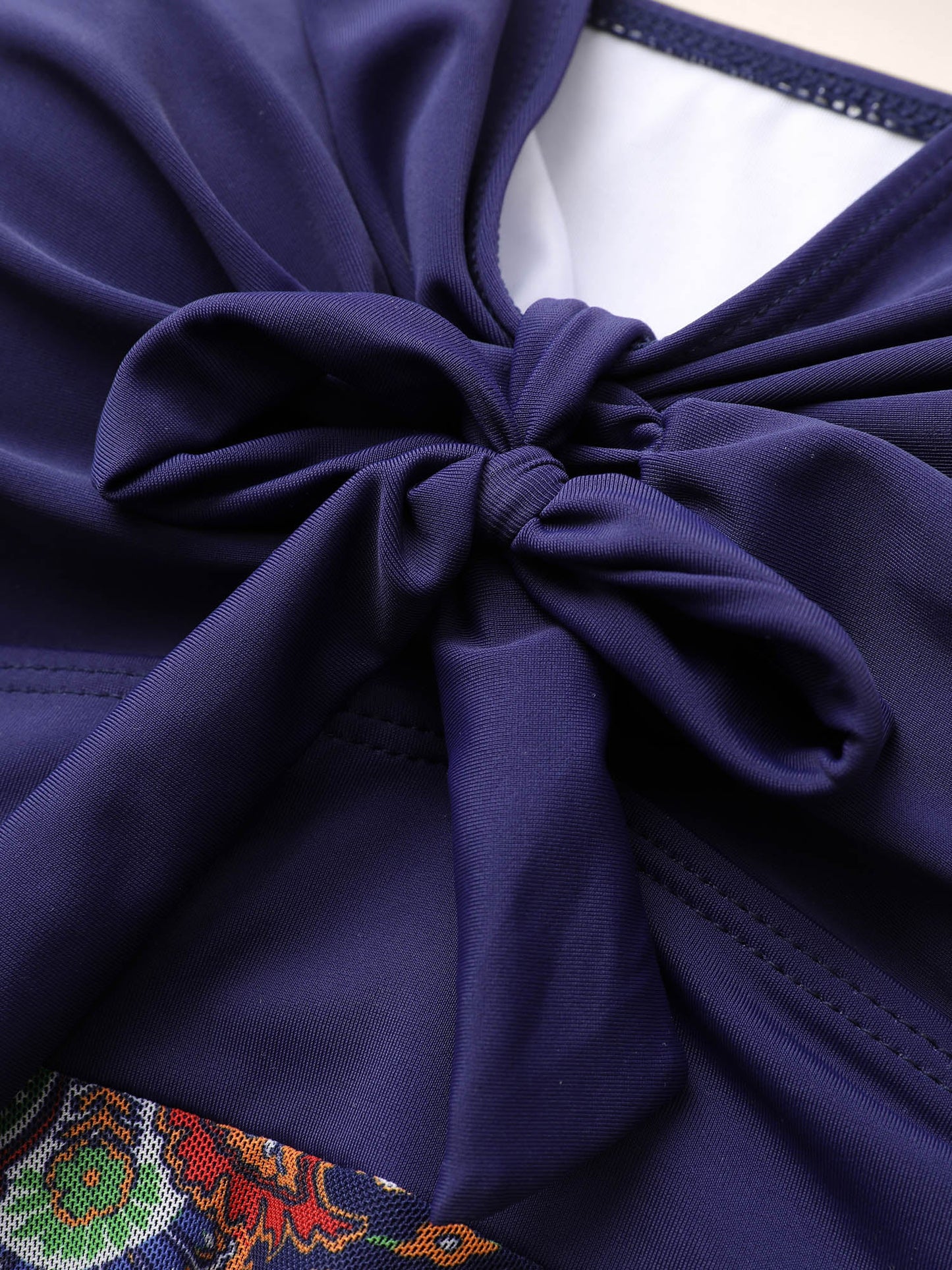 Patchwork Ruched Knot Asymmetrical Hem Swim Dress