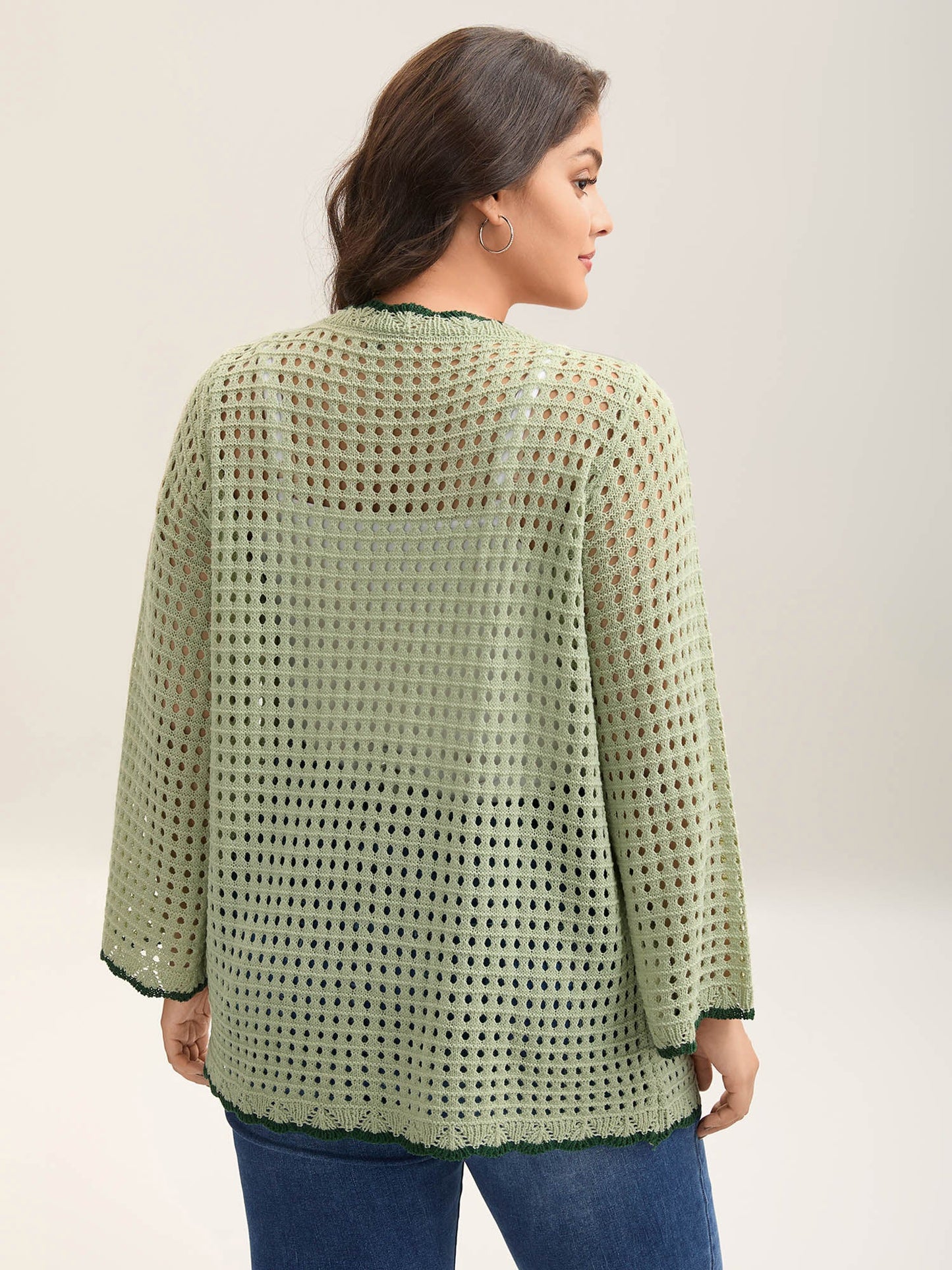 Contrast Hem Front Mid Tie Knit Cardigan