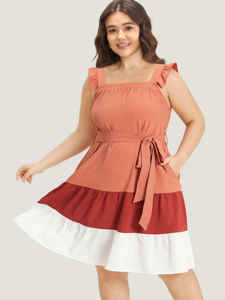 Contrast Ruffles Pocket Belted Square Neck Cami Dress