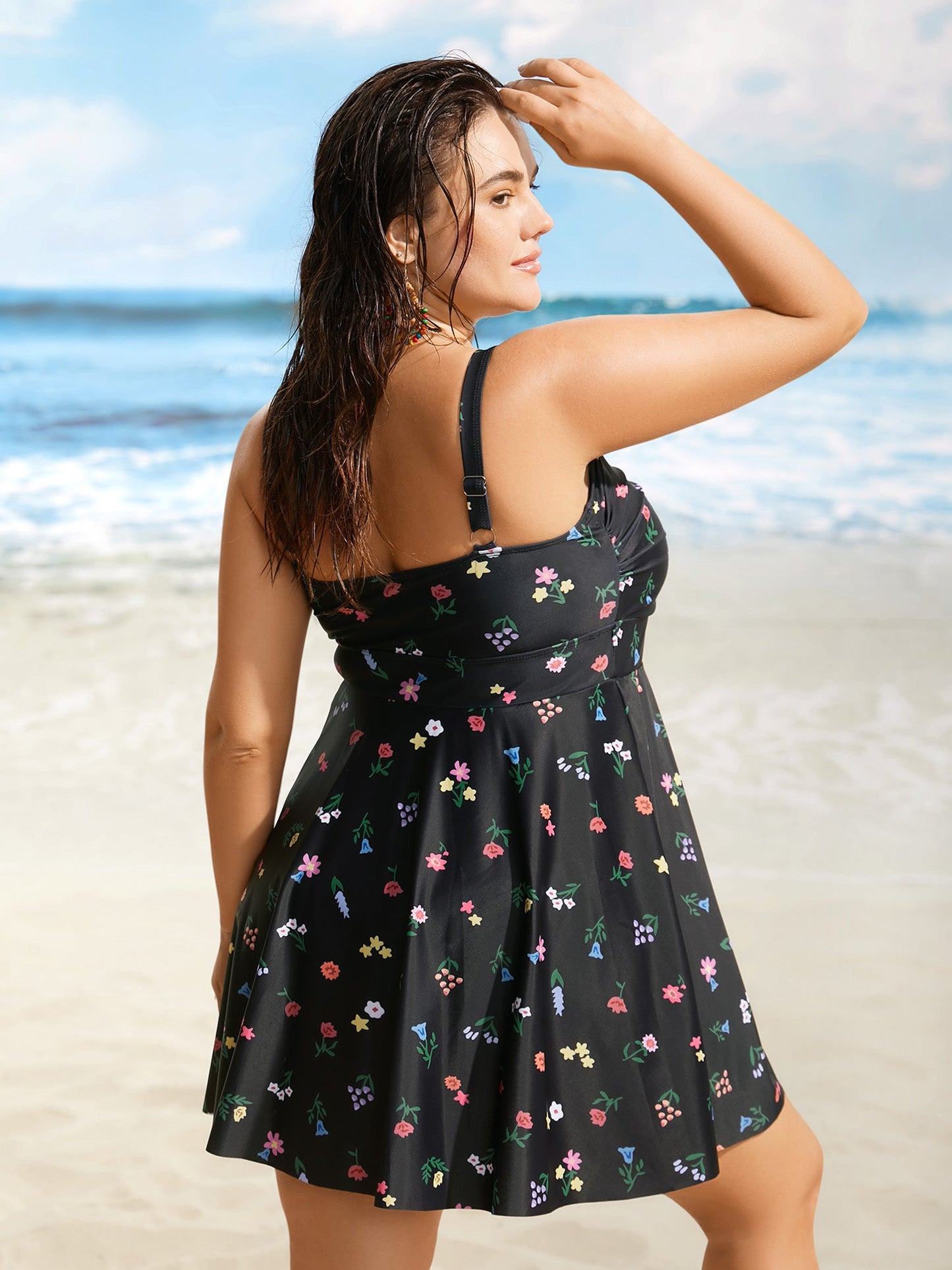 Heart Neckline Floral Twist Front Swim Dress