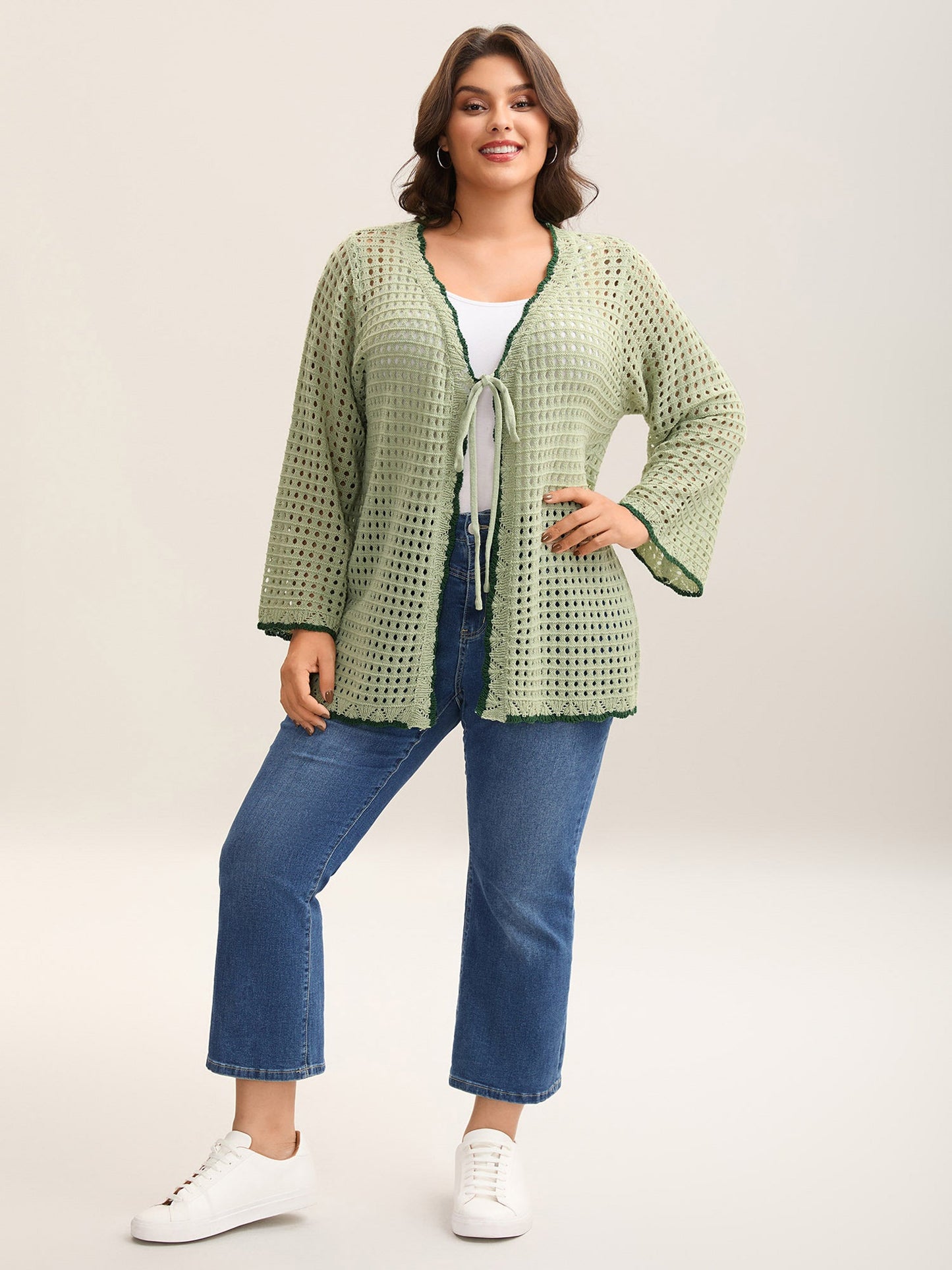 Contrast Hem Front Mid Tie Knit Cardigan