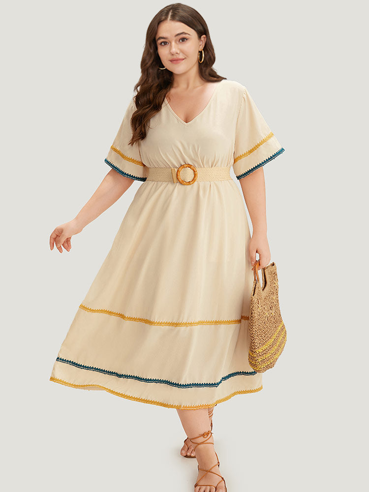 Contrast Trim Pocket V Neck Gathered Dress