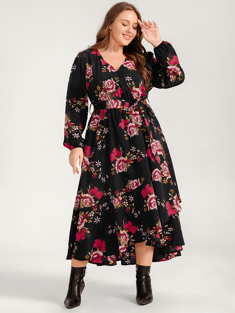 Floral Ruffle Lantern Sleeve Pocket Belted Asymmetrical Hem Dress