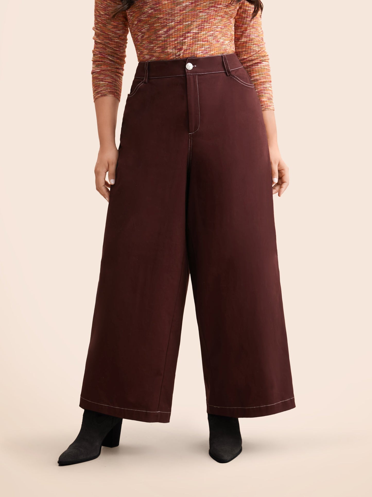 Mid Rise Contrast Trim Wide Leg Pants