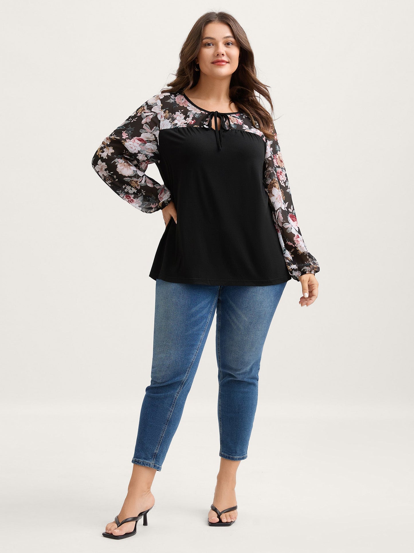 Sheer Floral Print Neck-Tie T-Shirt