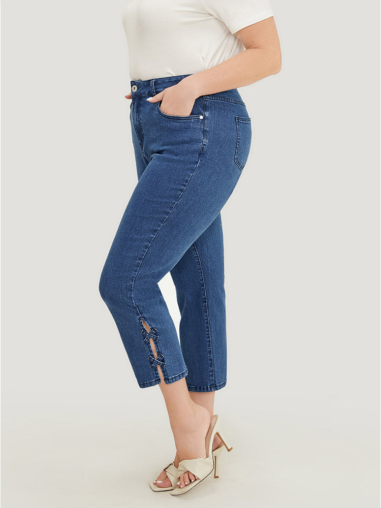 Very Stretchy Medium Wash Patched Detail Cut Out Jeans
