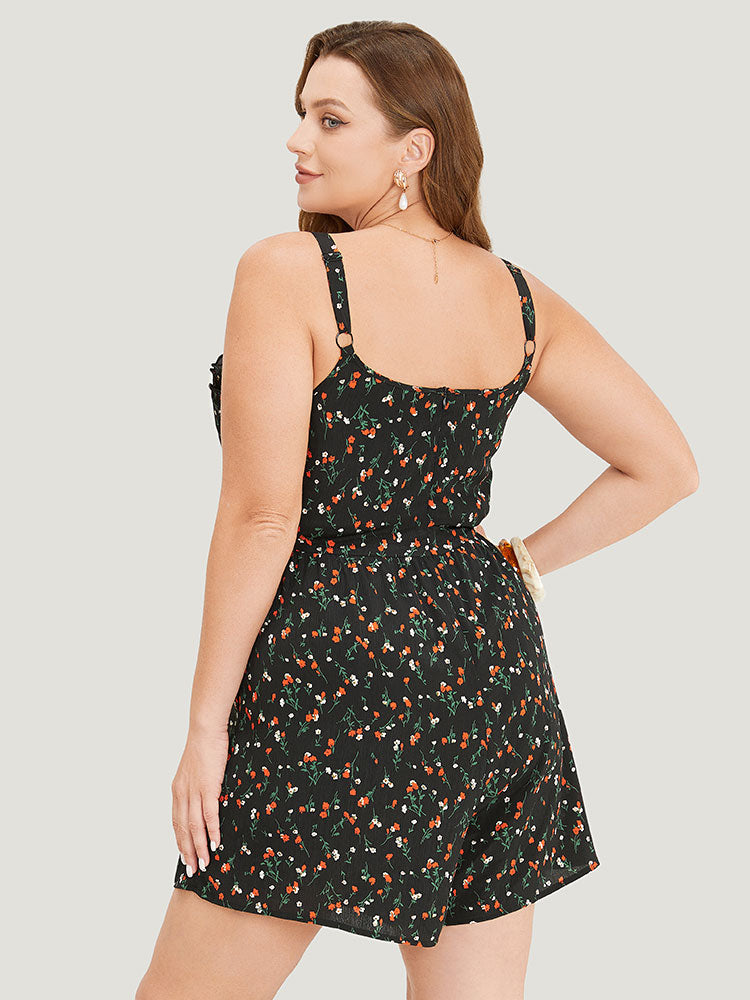 Ditsy Floral Pocket Notched Lettuce Trim Cami Romper