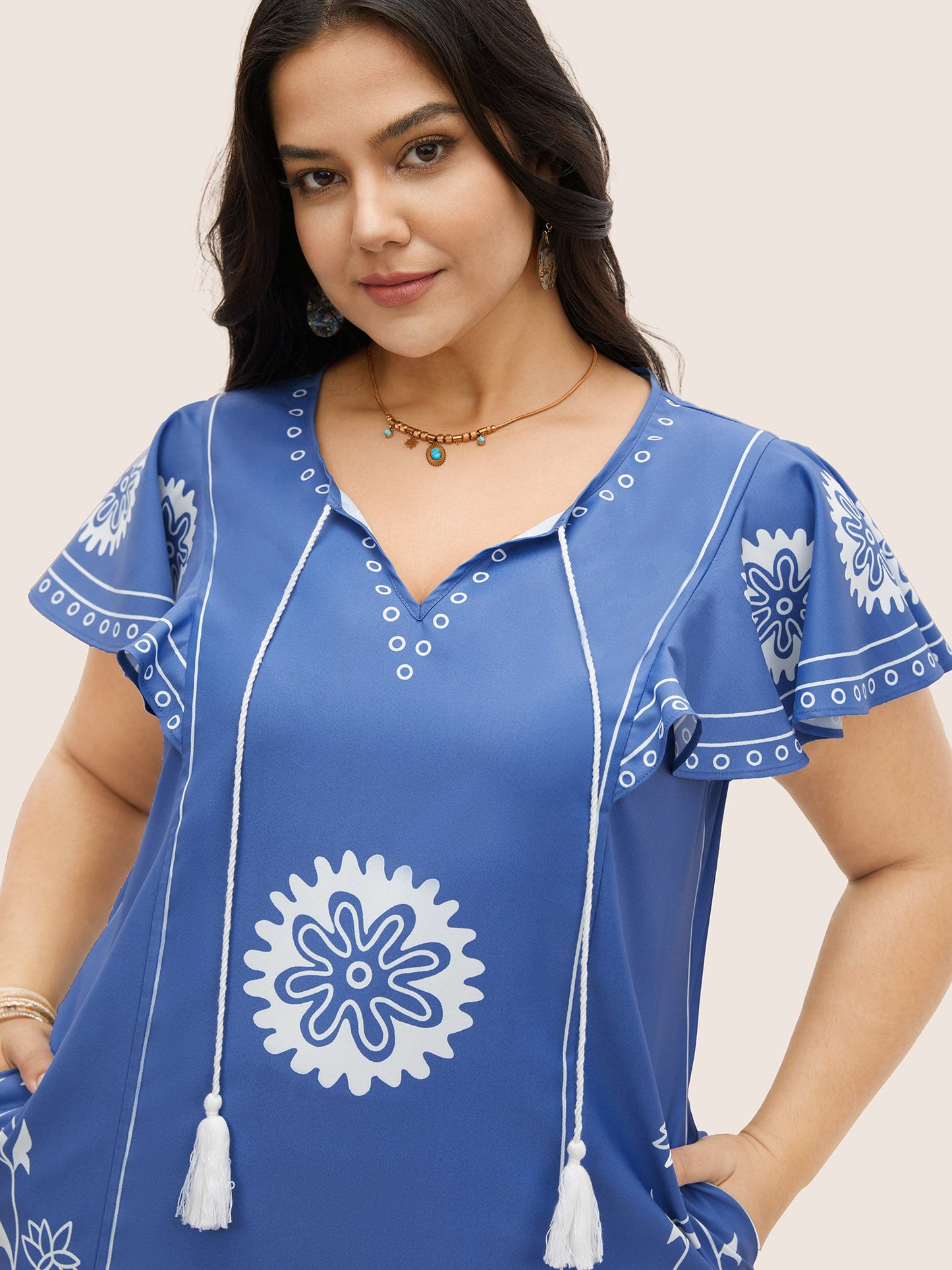 Boho Print Tassels Ruffle Sleeve Dress