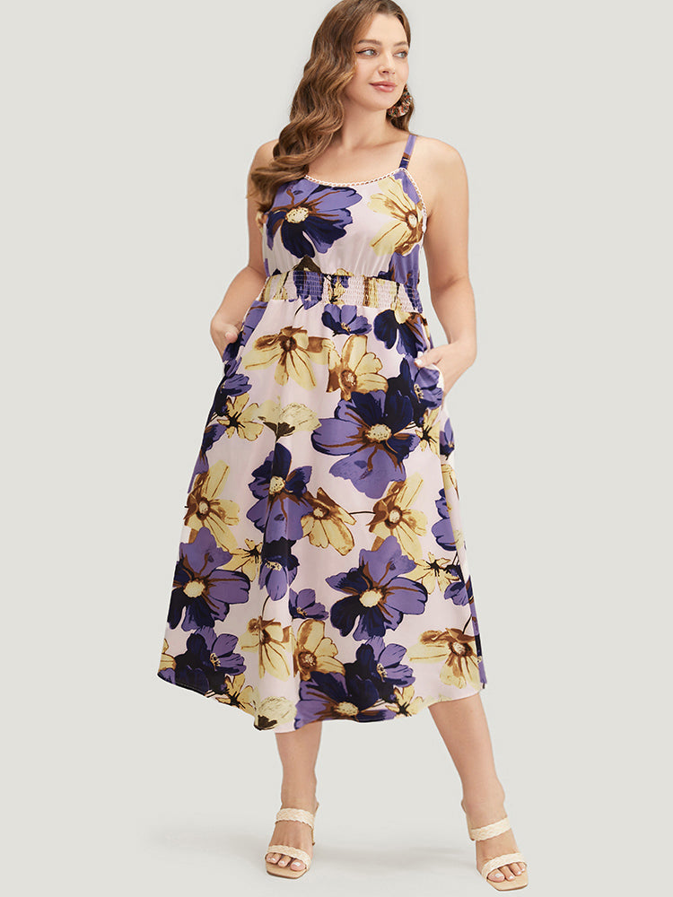 Floral Ruffle Hem Pocket Shirred Cami Dress
