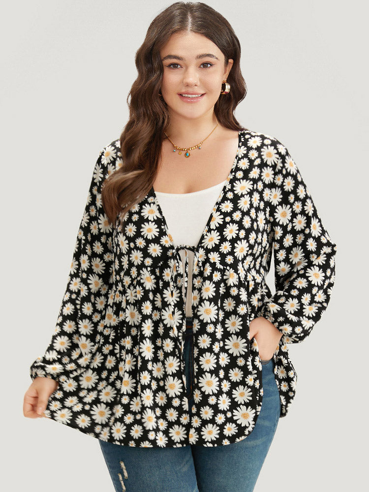 Daisy Floral Ties Front Elastic Cuffs Kimono