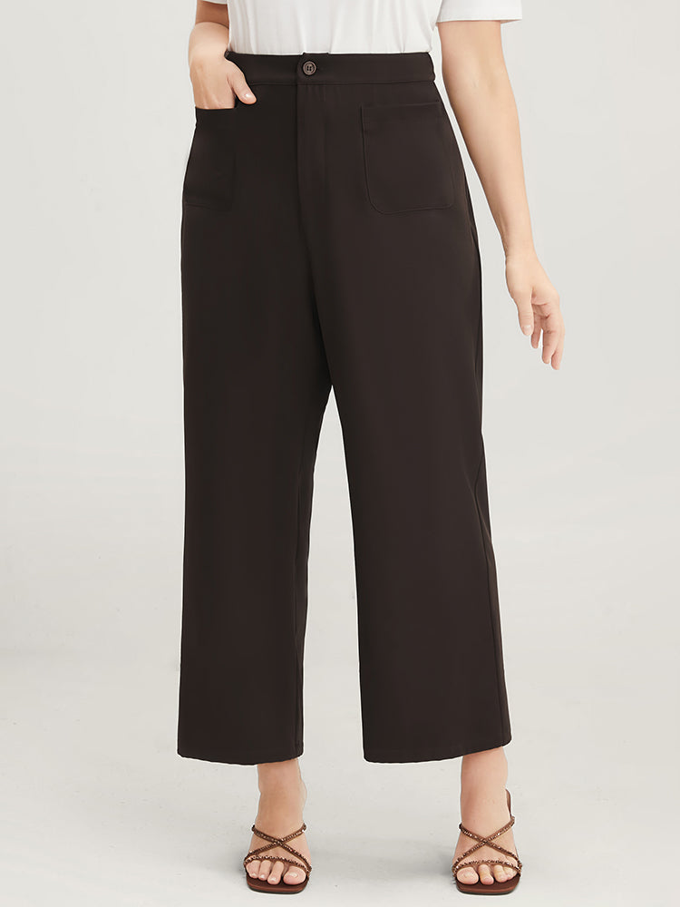 Plain Pocket Front Wide Leg High Rise Pants