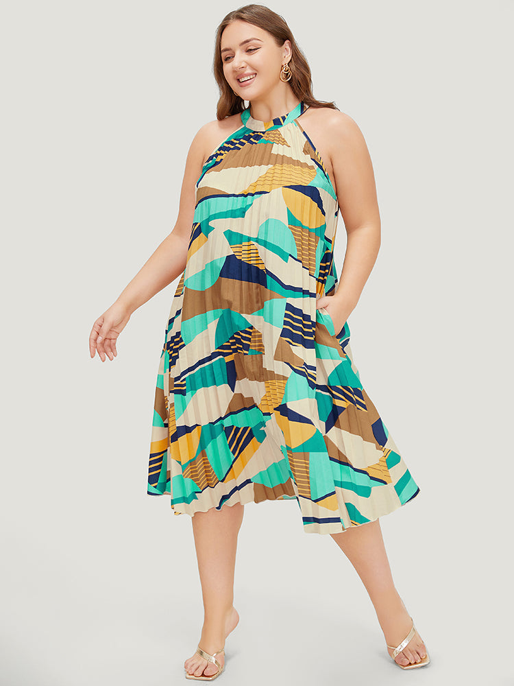 Geometric Contrast Pocket Halter Neck Pleated Dress