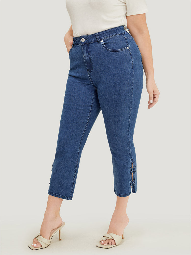 Very Stretchy Medium Wash Patched Detail Cut Out Jeans