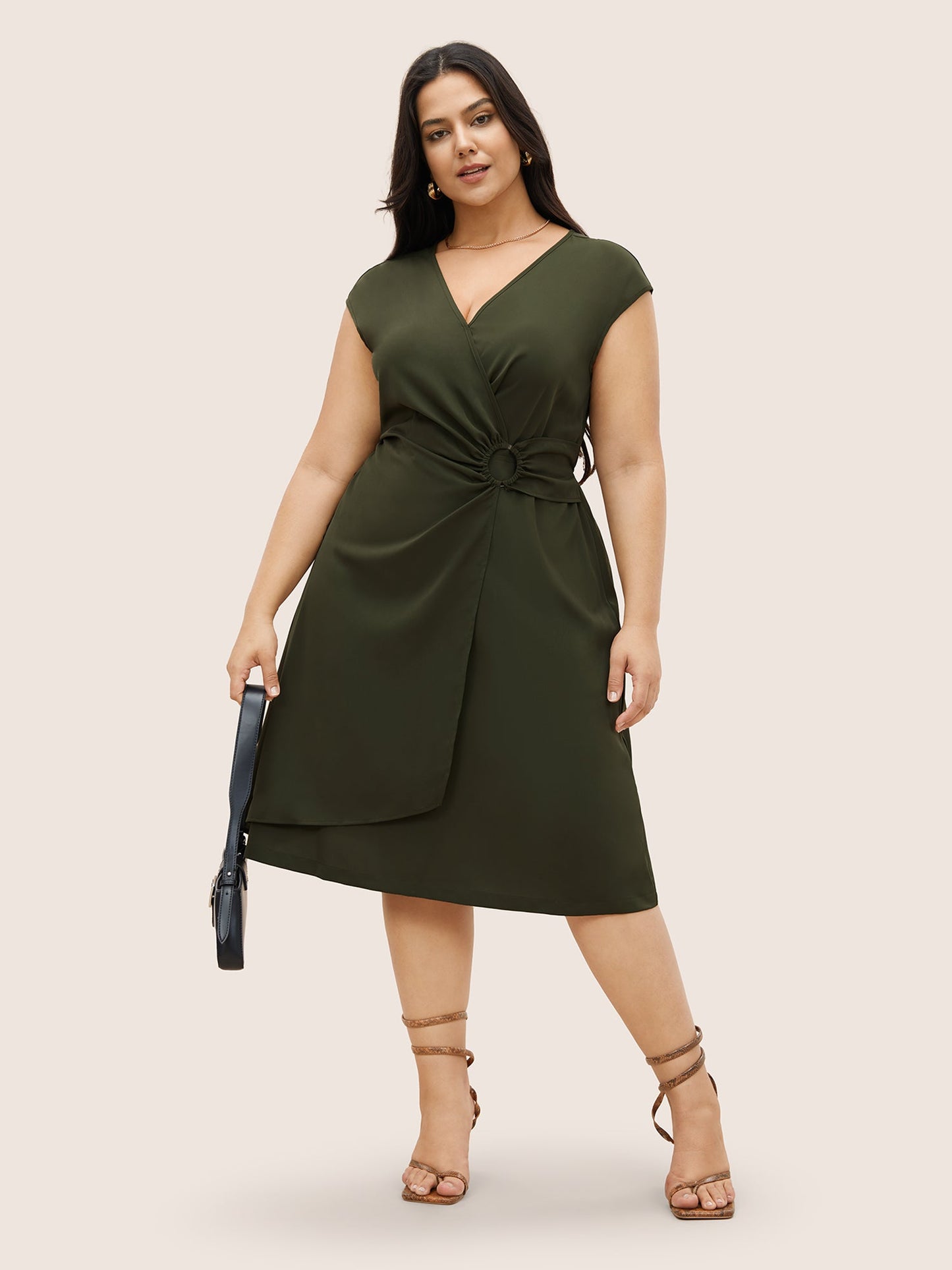 Plain Buckle Detail Overlap Collar Cap Sleeve Dress