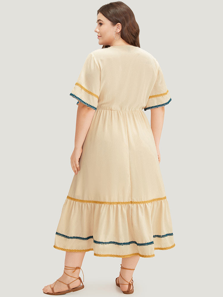 Contrast Trim Pocket V Neck Gathered Dress