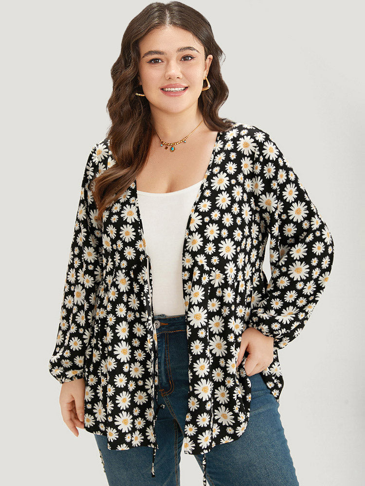 Daisy Floral Ties Front Elastic Cuffs Kimono