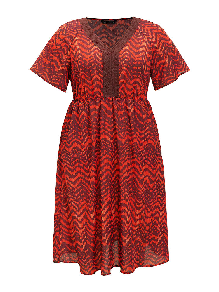 Water Ripple Pocket Ruffle Sleeve Lace Dress