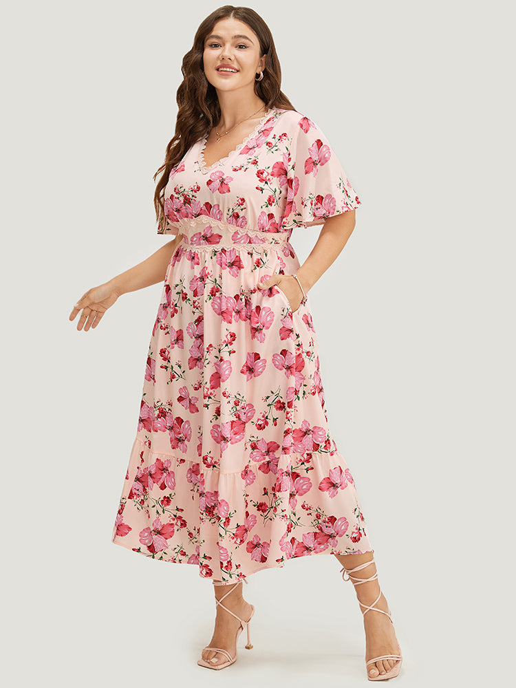 Floral Print Lace Pocket Ruffle Hem Empire Waist Dress