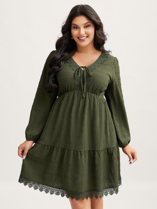 Textured Lace Adjustable Neck-Tie Midi Dress