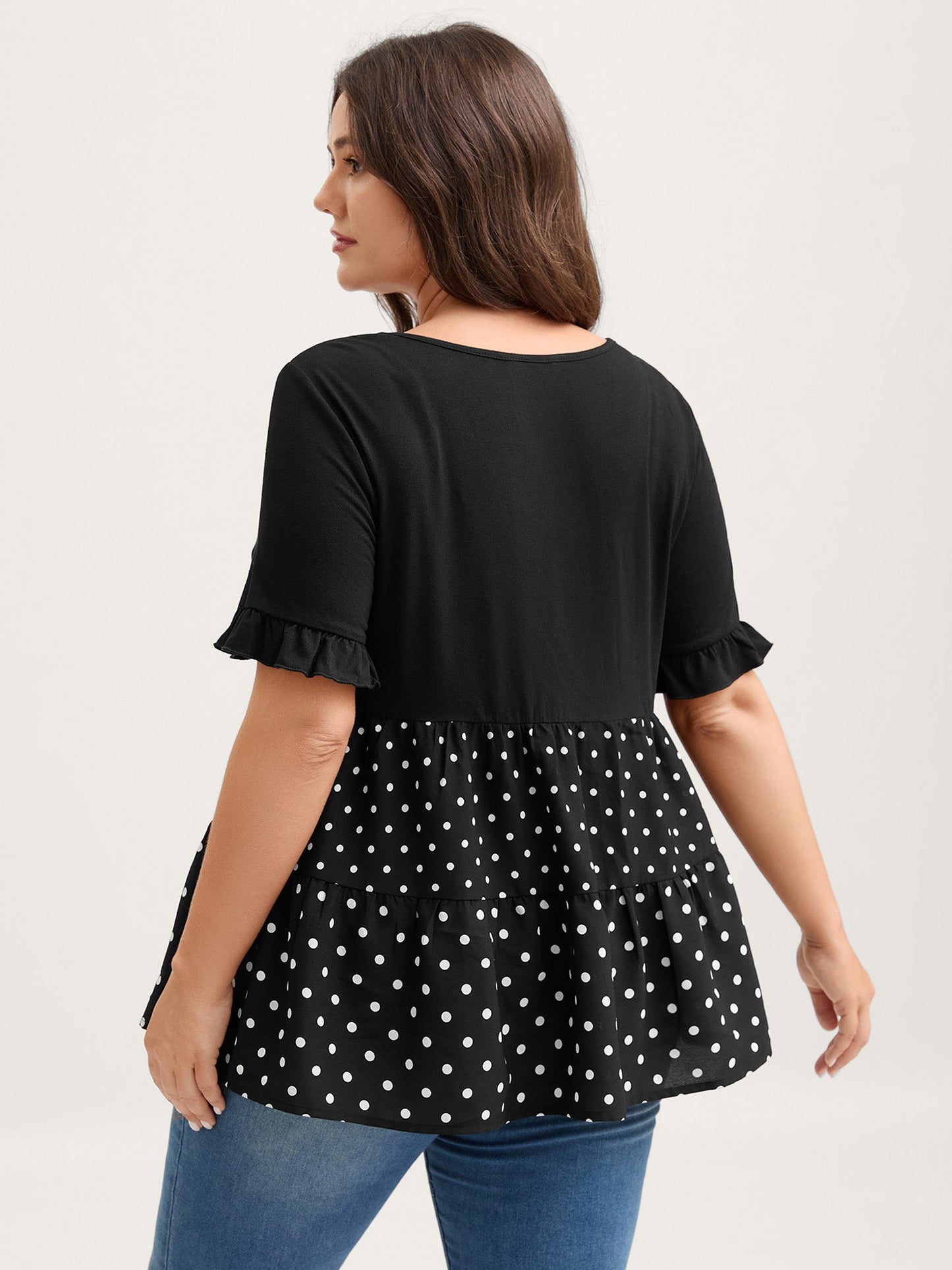 Stretchy Polka Dots Contrast Knit Top