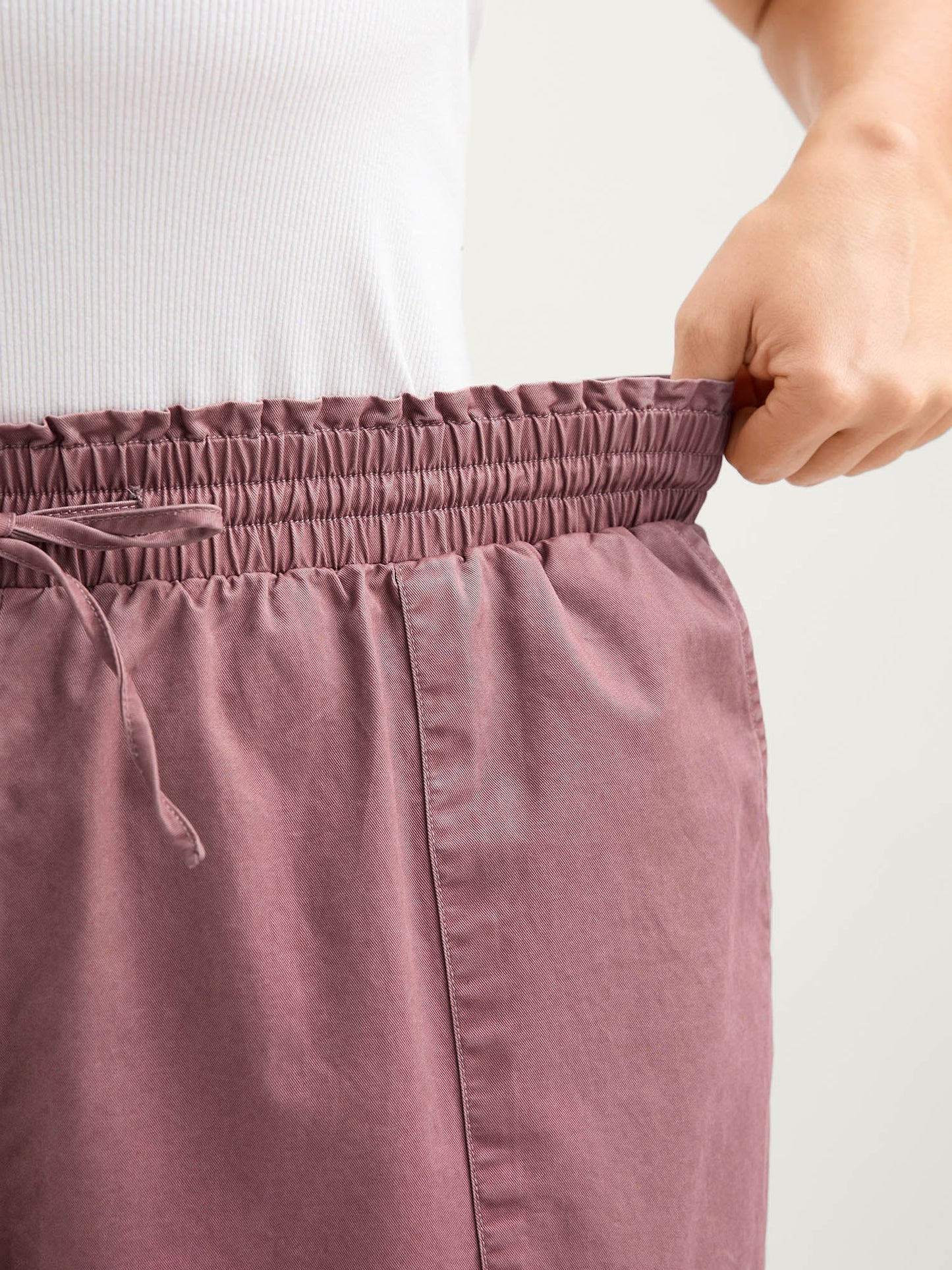 Cotton Shirred Wide Waistband Hem Slit Pants
