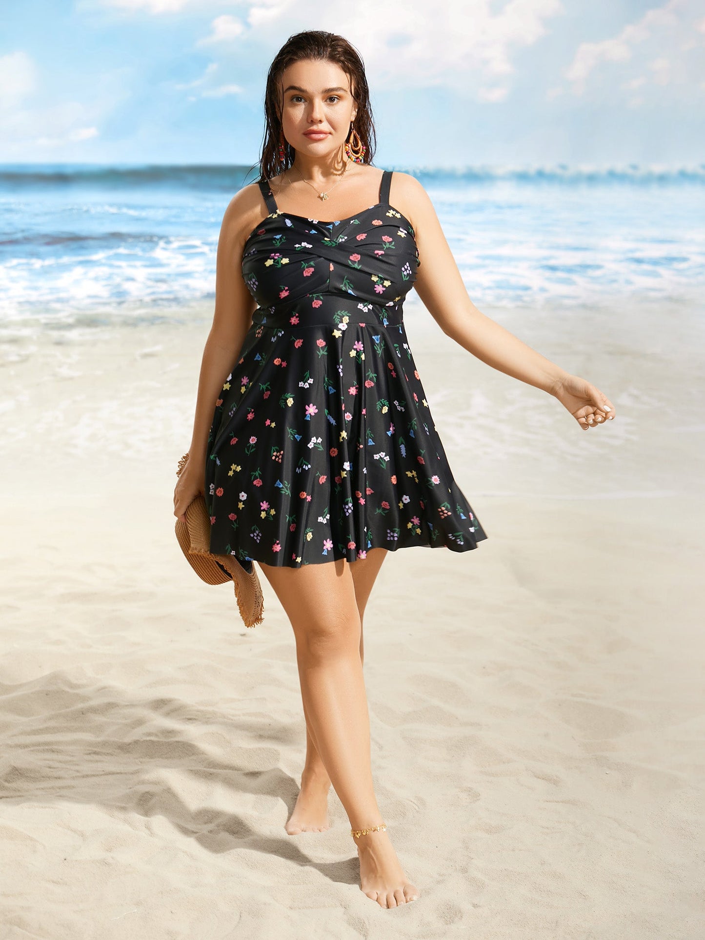 Heart Neckline Floral Twist Front Swim Dress