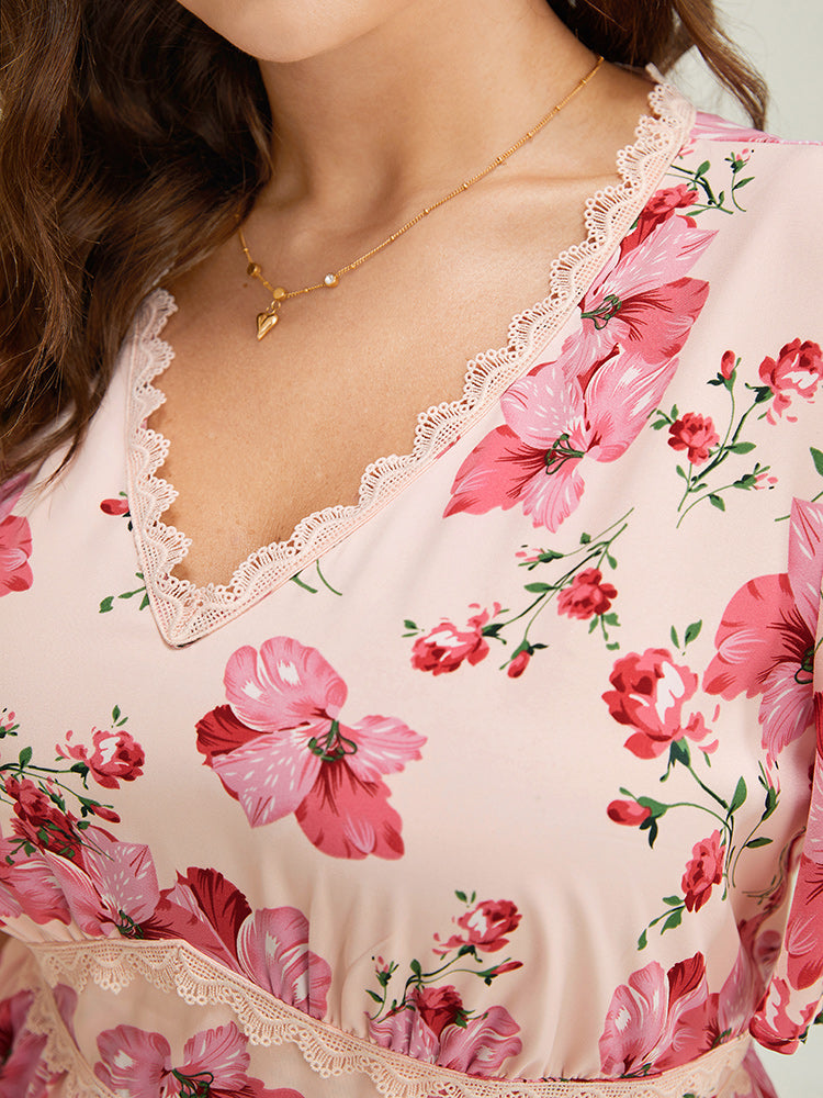 Floral Print Lace Pocket Ruffle Hem Empire Waist Dress