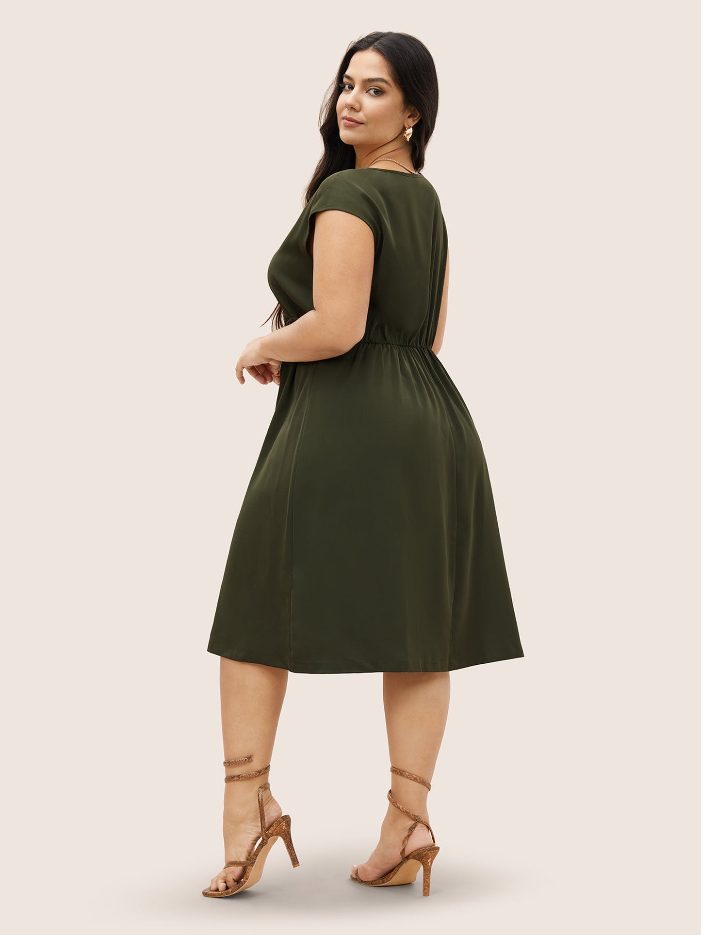 Plain Buckle Detail Overlap Collar Cap Sleeve Dress