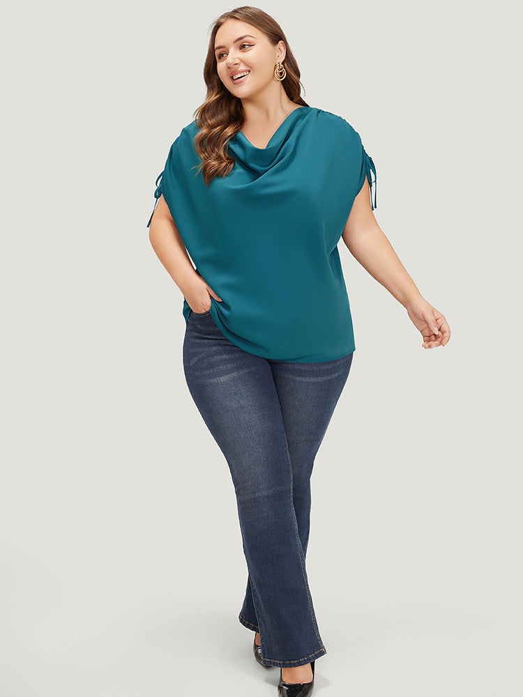 Solid Cowl Neck Drawstring Sleeve Blouse