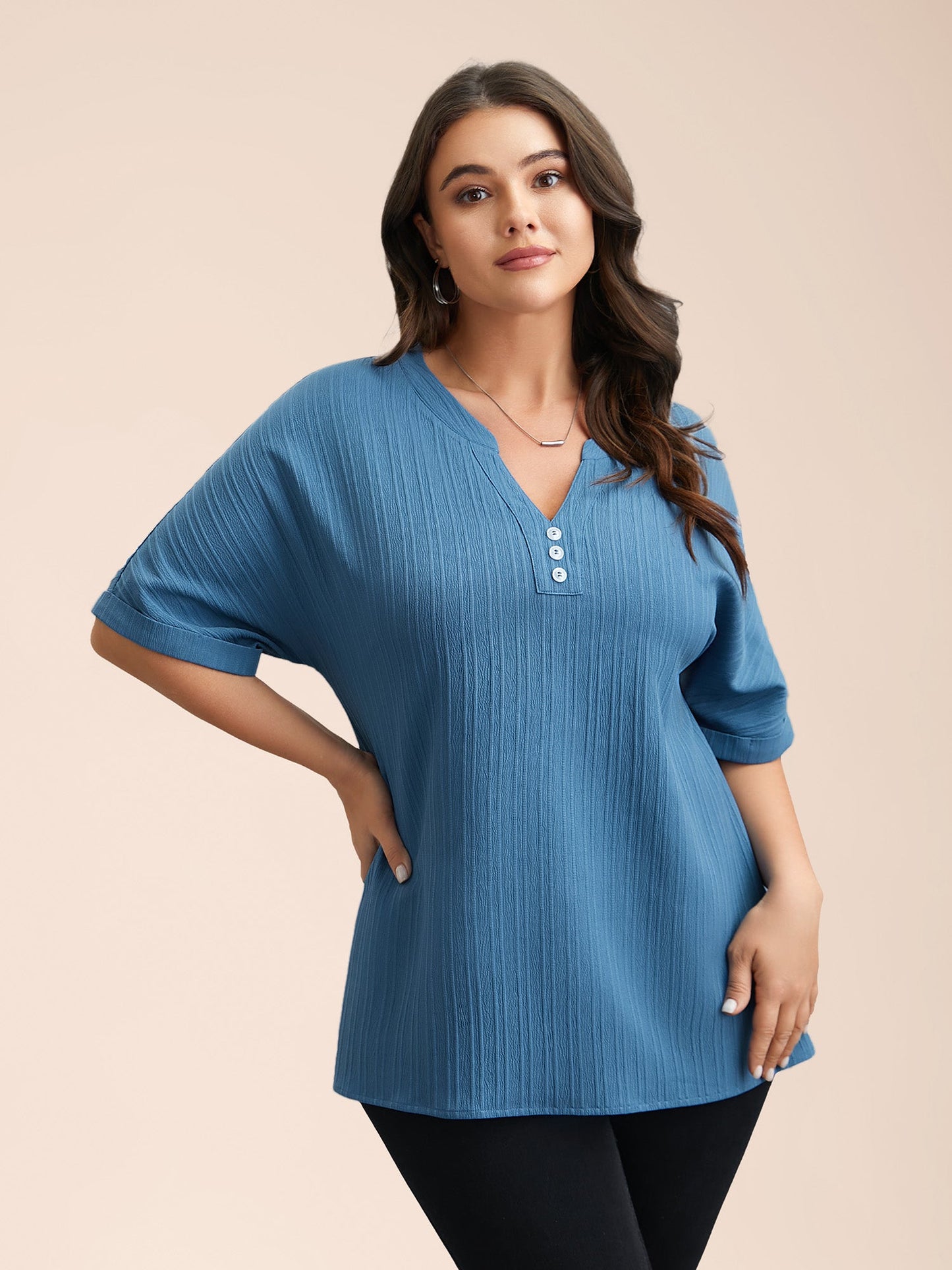 Notched Collar Textured Button Blouse