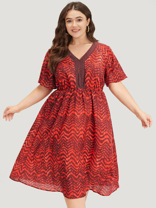 Water Ripple Pocket Ruffle Sleeve Lace Dress