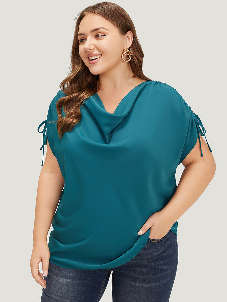 Solid Cowl Neck Drawstring Sleeve Blouse