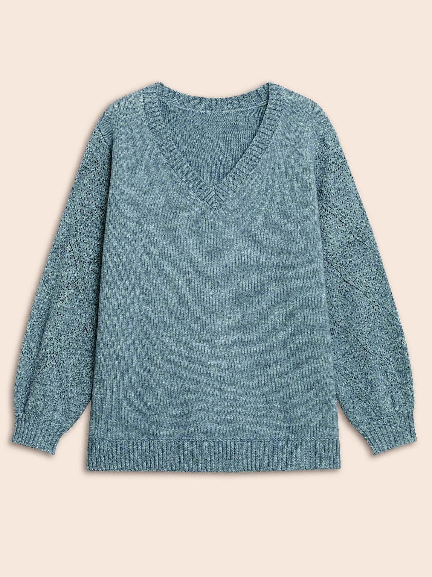 V Neck Texture Lantern Sleeve Pullover