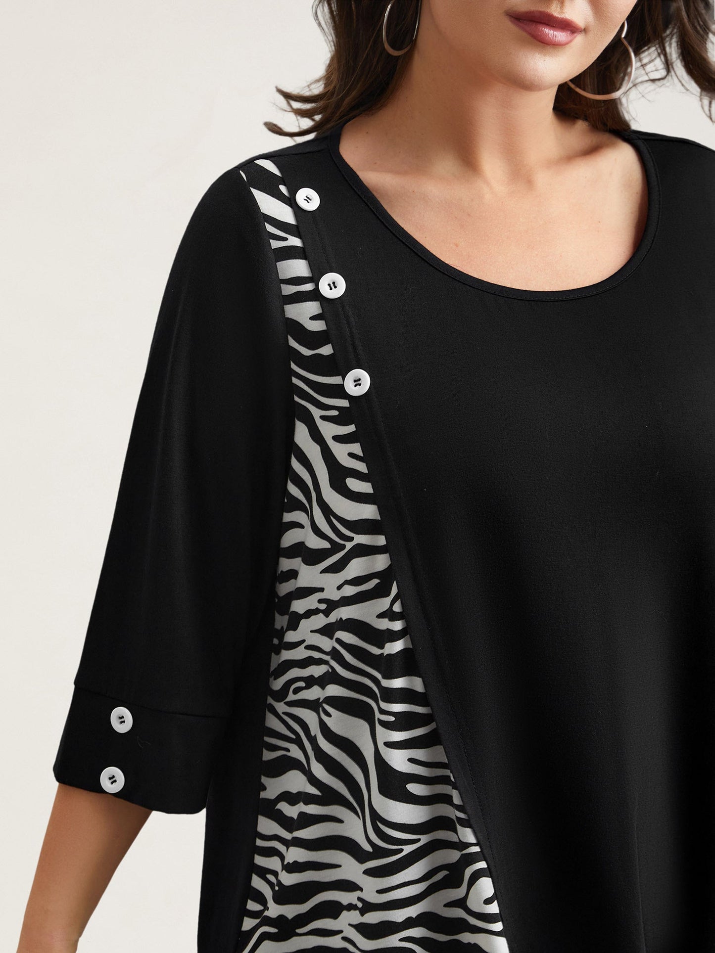 Zebra Print Panel Round Neck T-Shirt