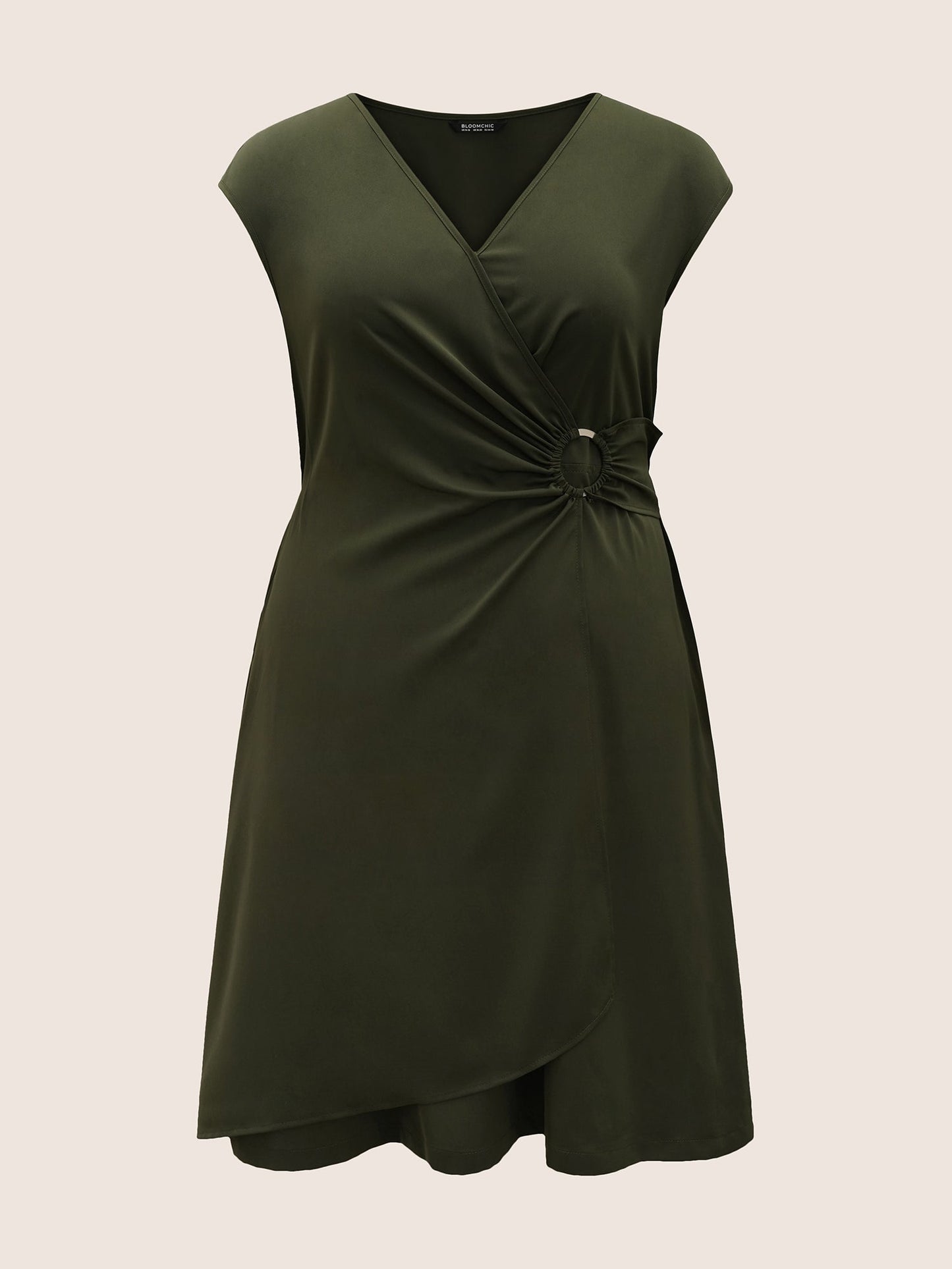 Plain Buckle Detail Overlap Collar Cap Sleeve Dress