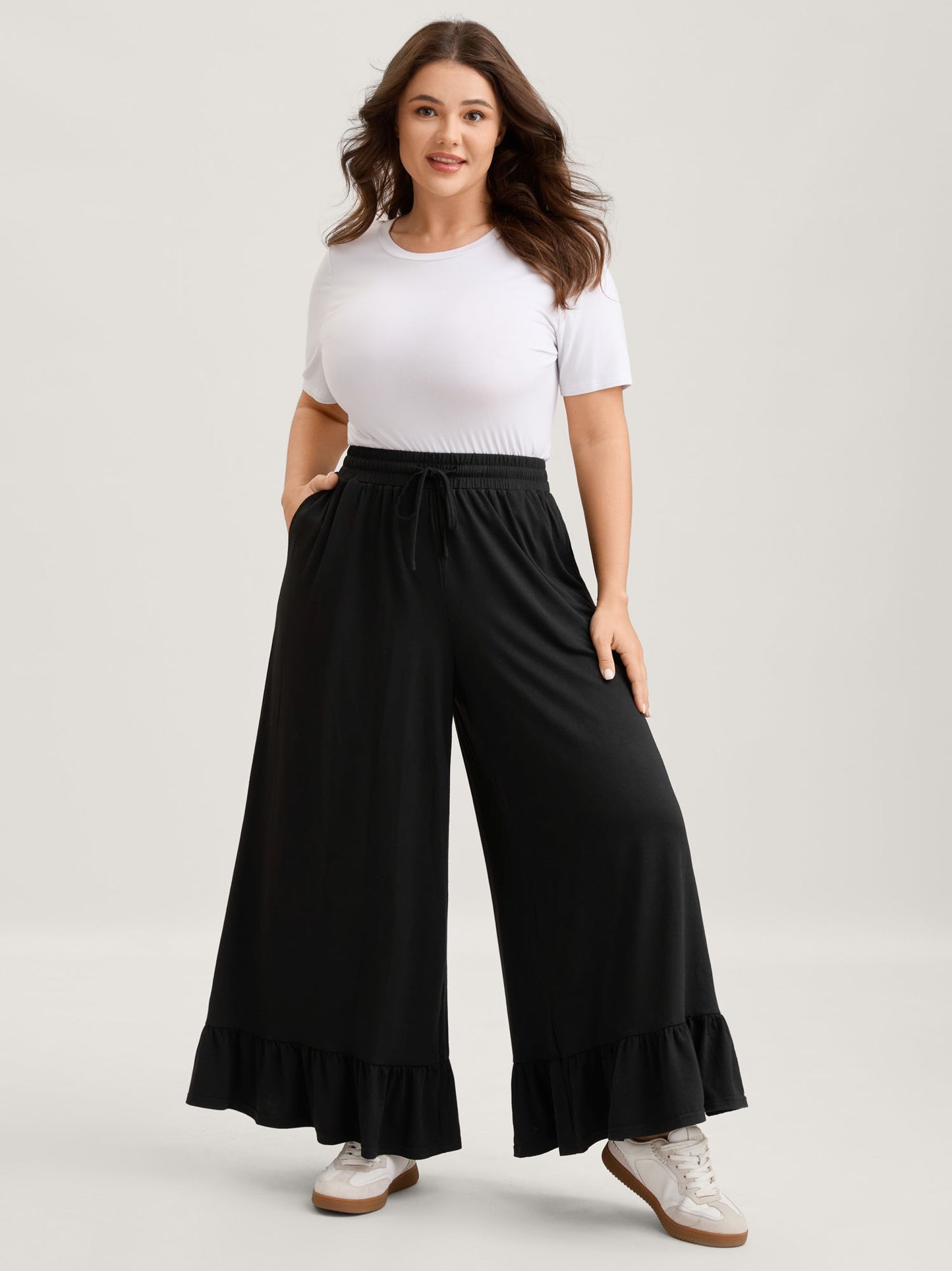 Ruffled Hem Stretchy Wide-Leg Pants