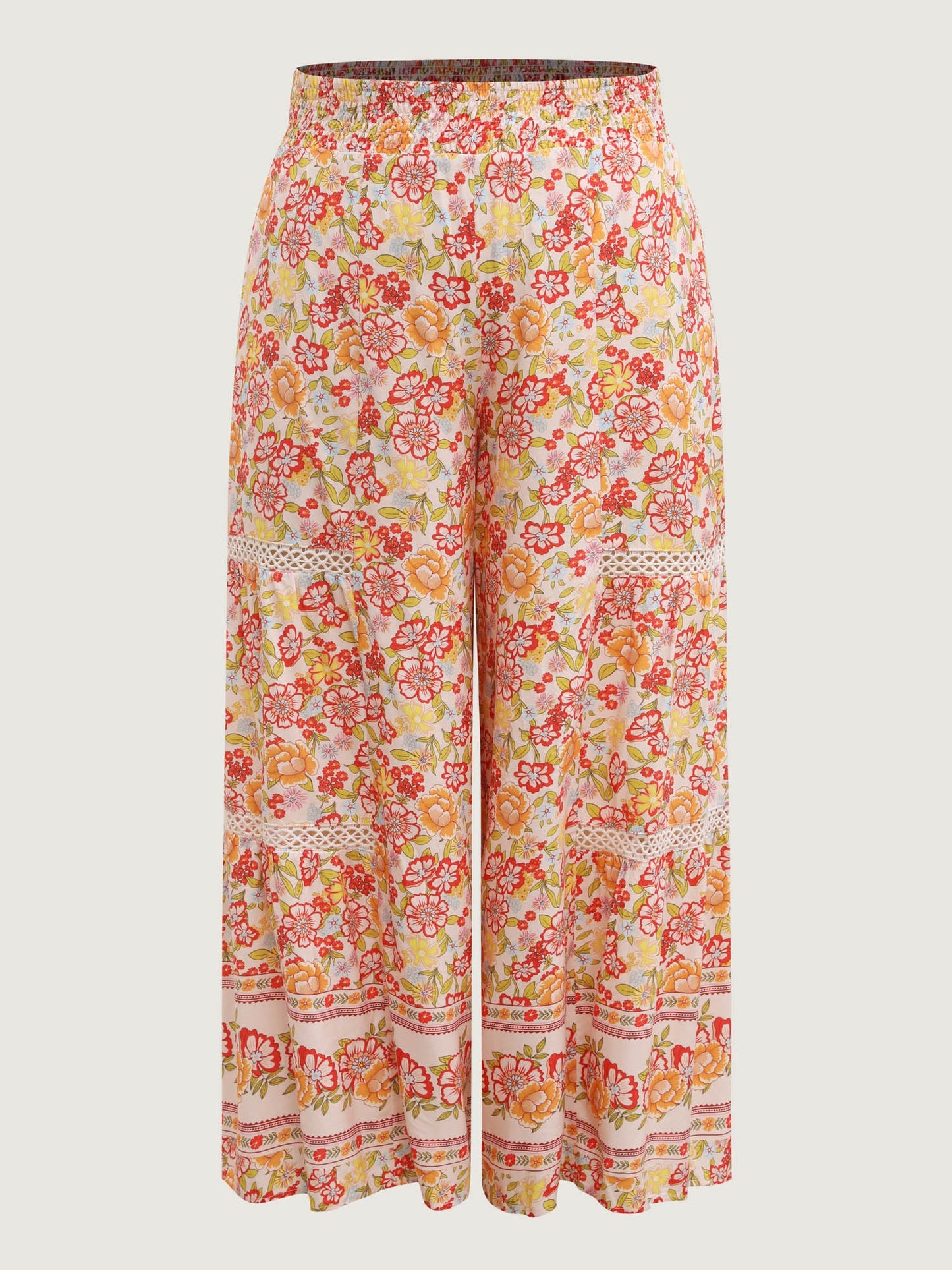 Floral Lace Trim Flowy Wide-Leg Pants