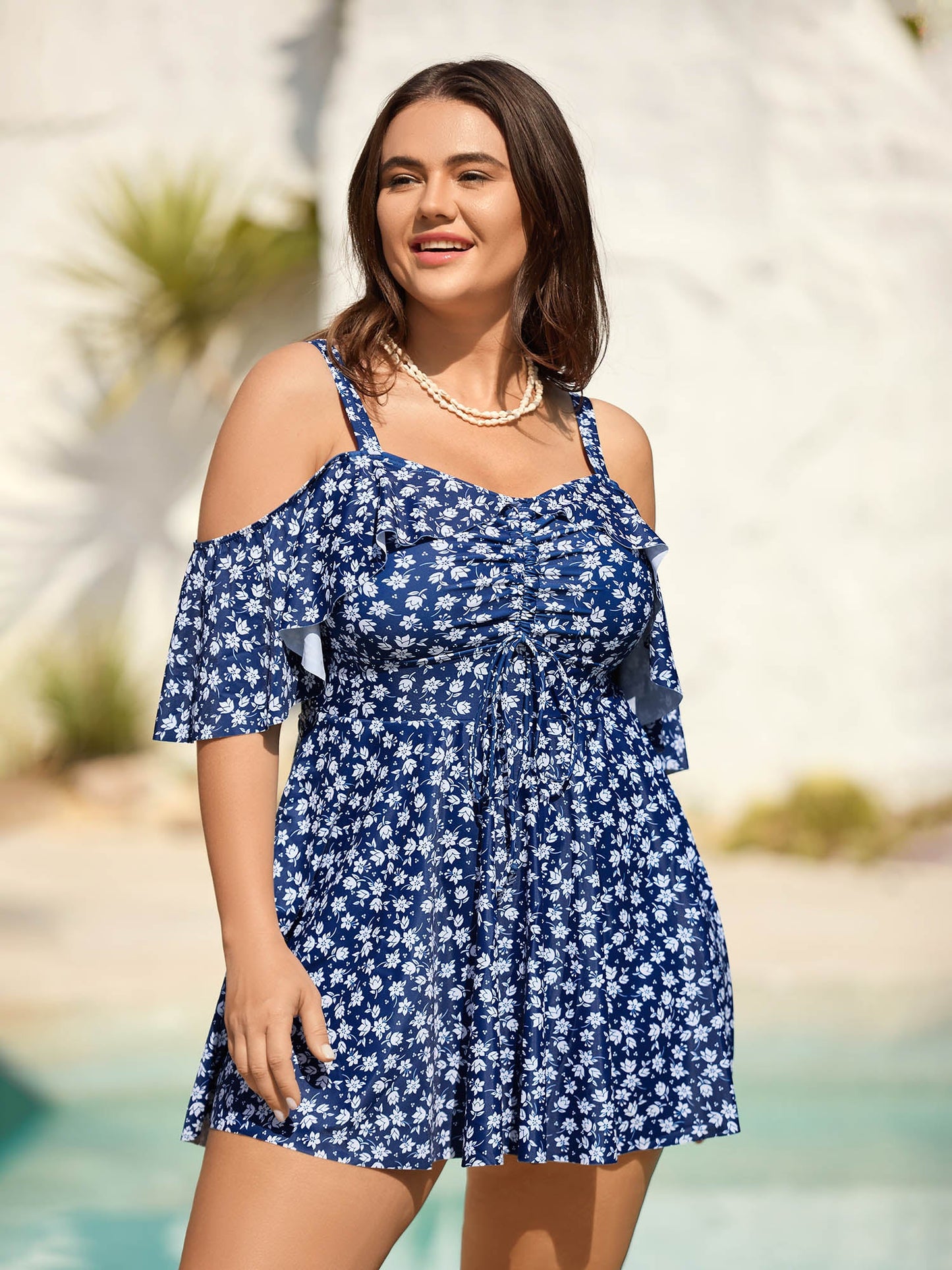 Off-Shoulder Ruched Drawstring Swim Dress