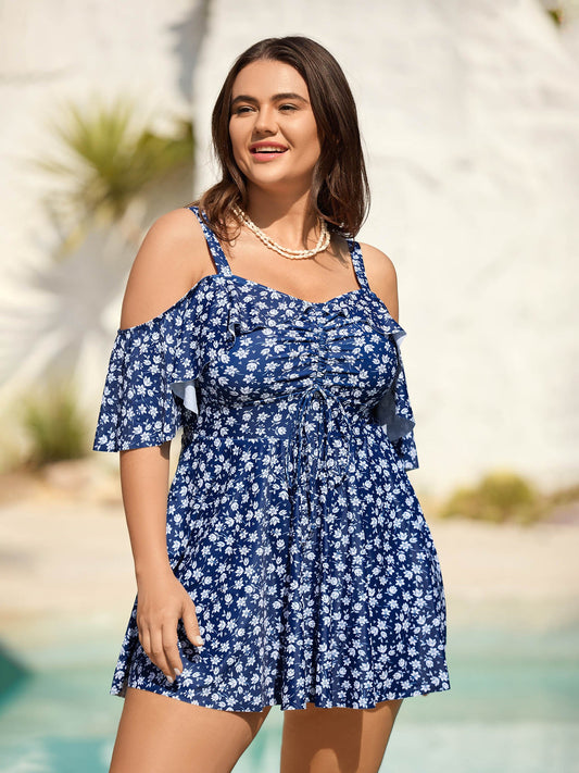 Off-Shoulder Ruched Drawstring Swim Dress
