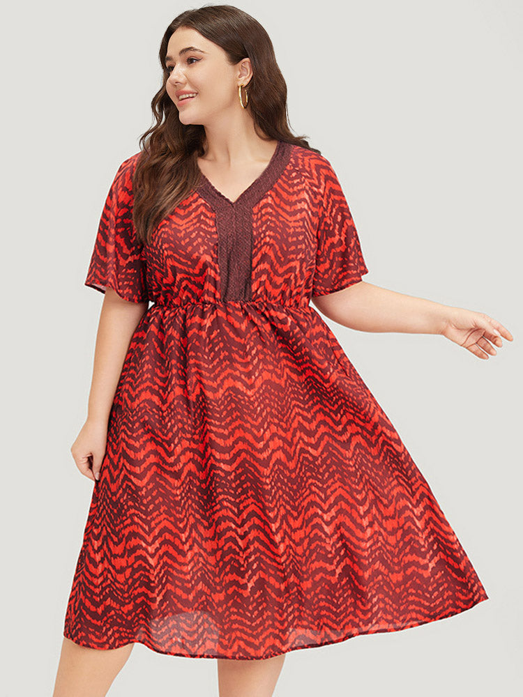 Water Ripple Pocket Ruffle Sleeve Lace Dress