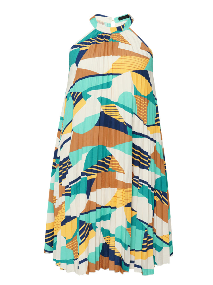 Geometric Contrast Pocket Halter Neck Pleated Dress
