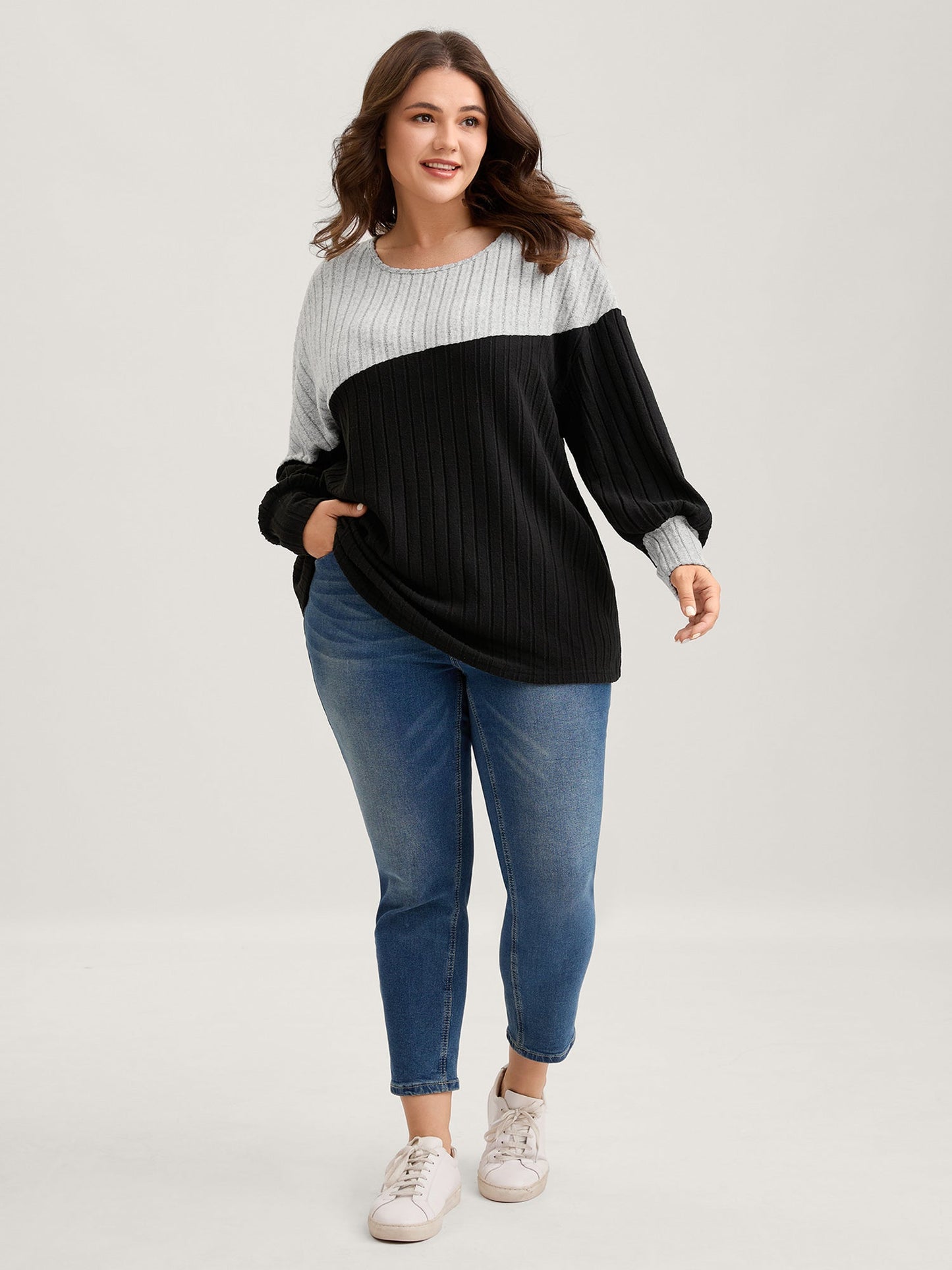 Color Contrast Ribbed Sweatshirt