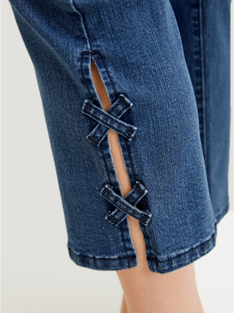 Very Stretchy Medium Wash Patched Detail Cut Out Jeans