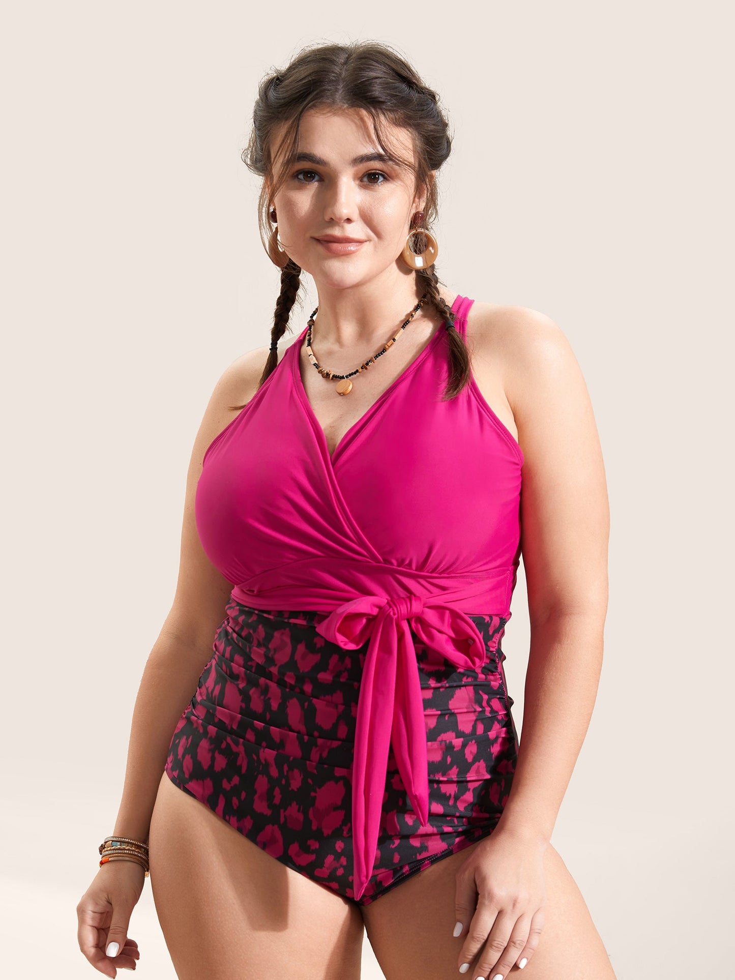 Leopard Print Patchwork Tie Knot One Piece Swimsuit