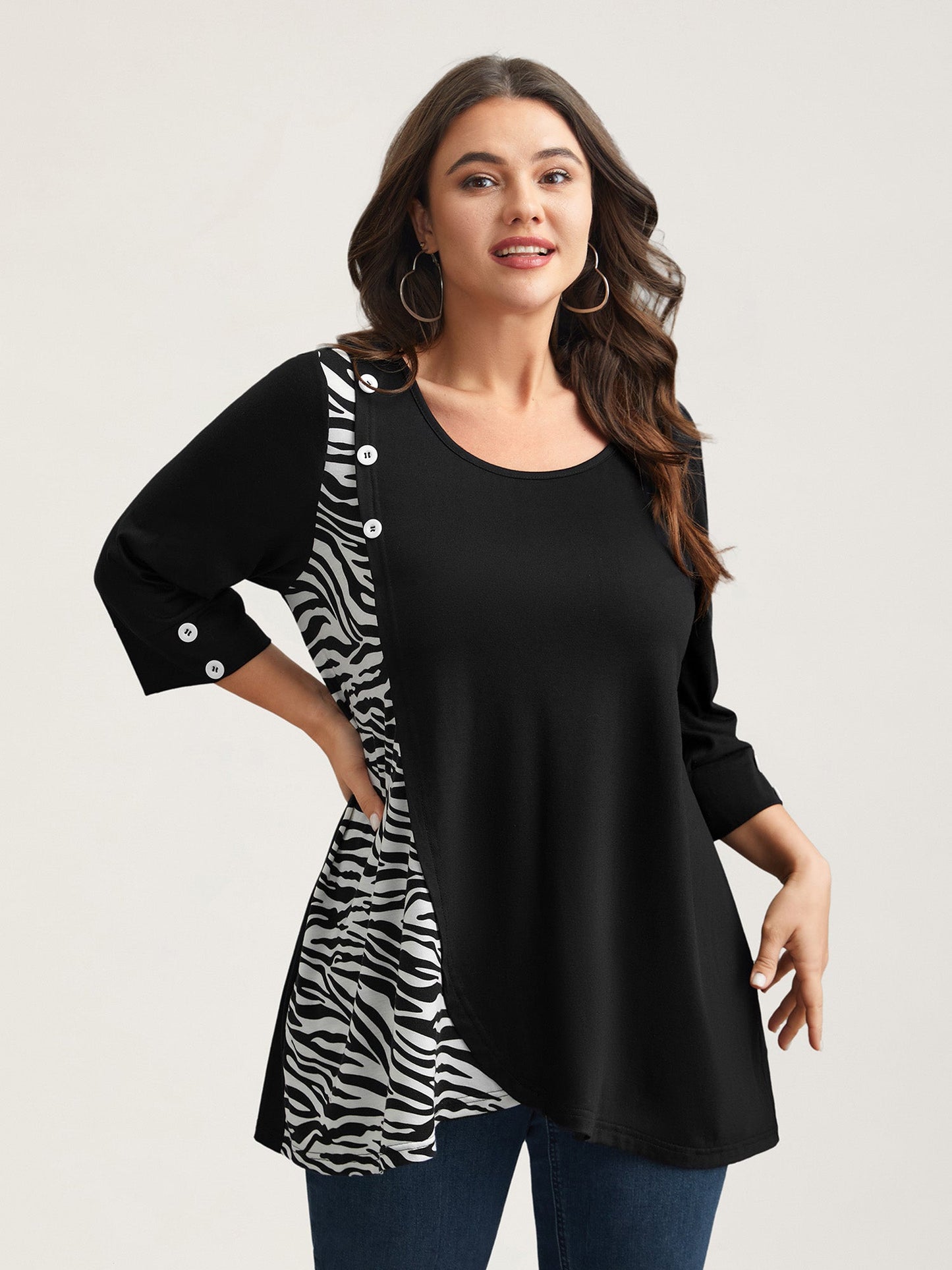 Zebra Print Panel Round Neck T-Shirt