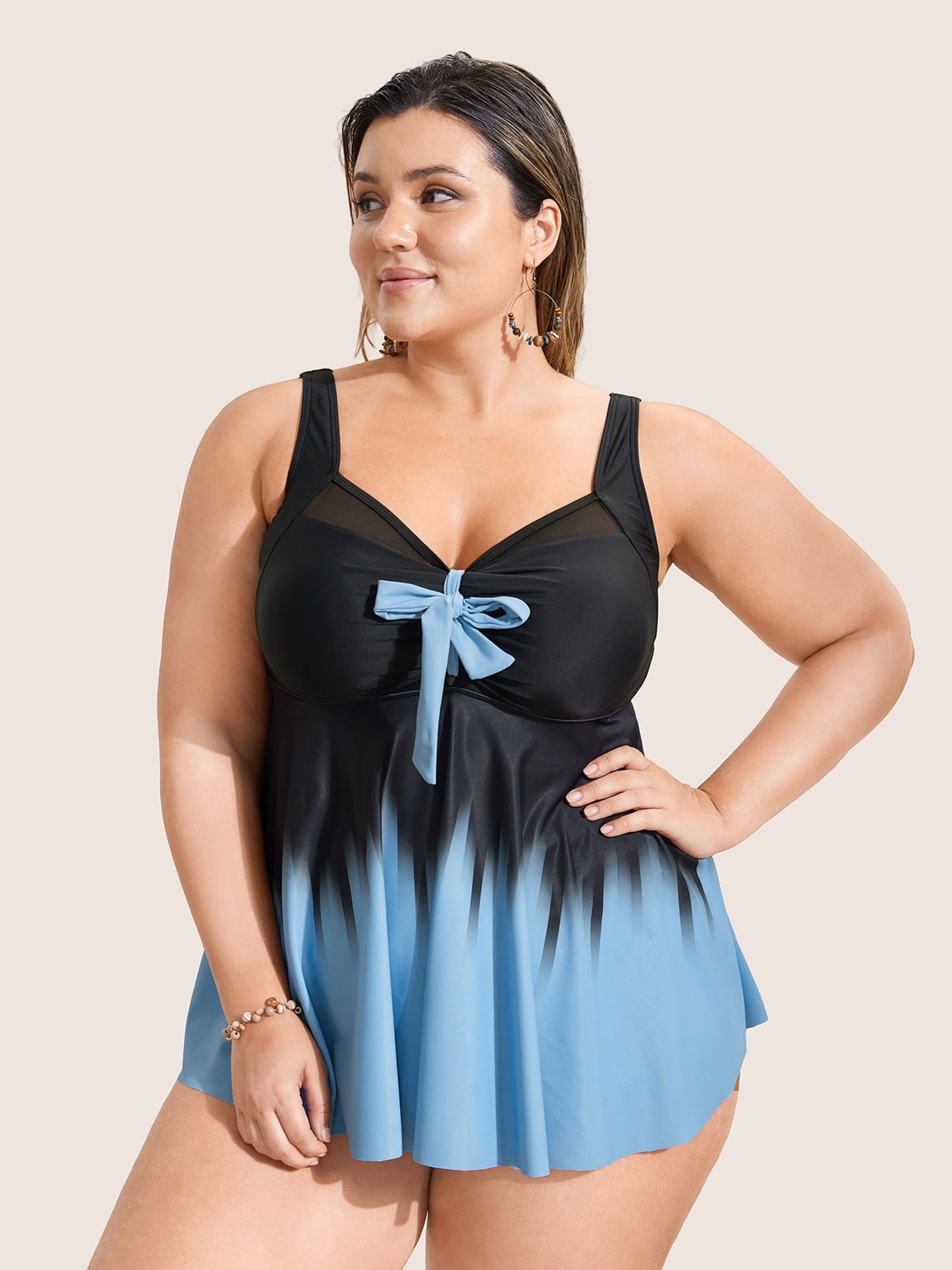 Ombre Bowknot Ruched Mesh Patchwork Swim Top