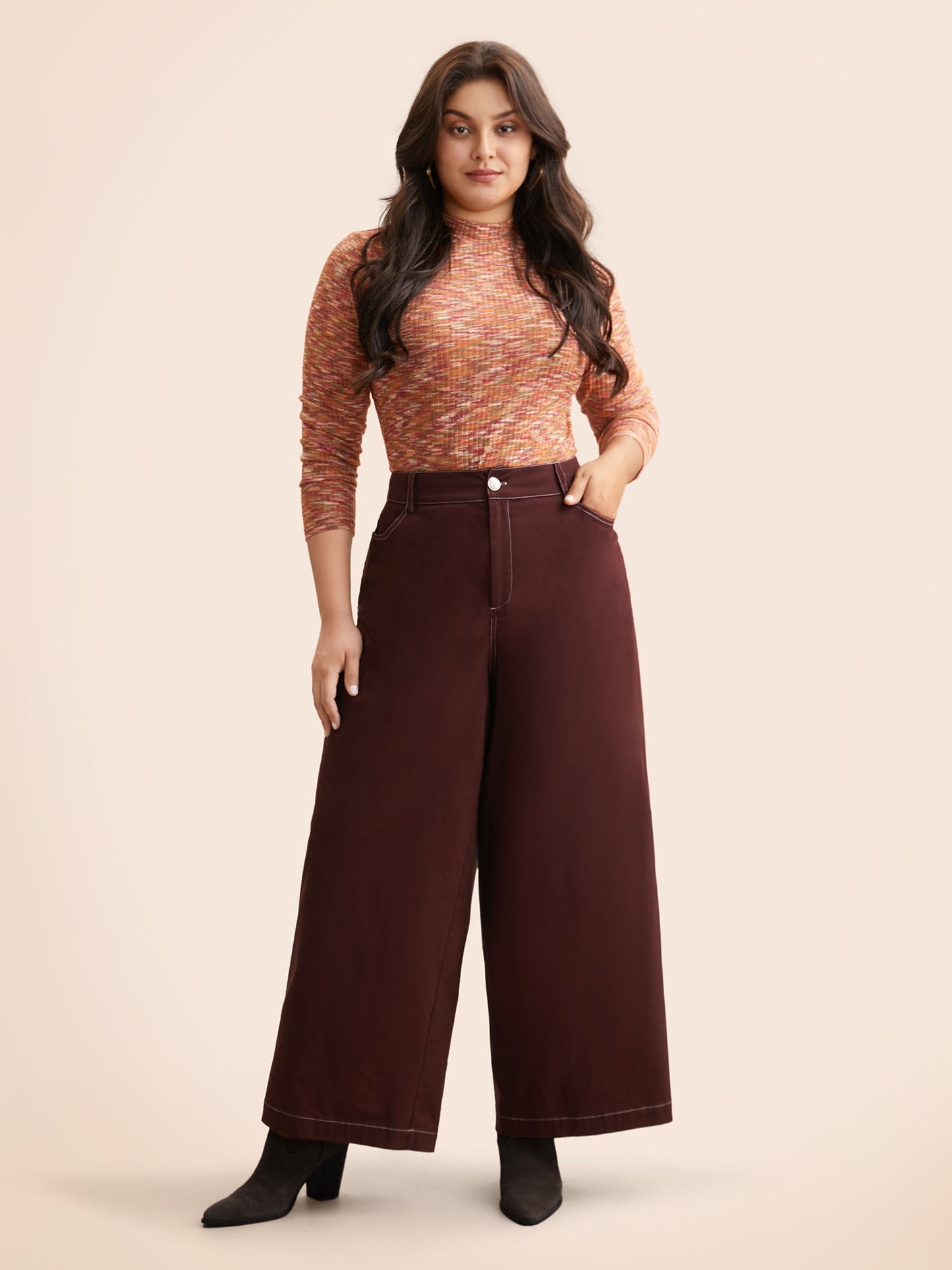 Mid Rise Contrast Trim Wide Leg Pants