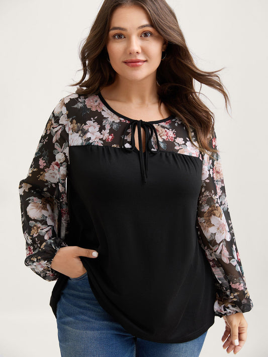 Sheer Floral Print Neck-Tie T-Shirt