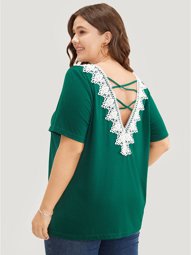 Solid Contrast Lace Crisscross Back T-shirt